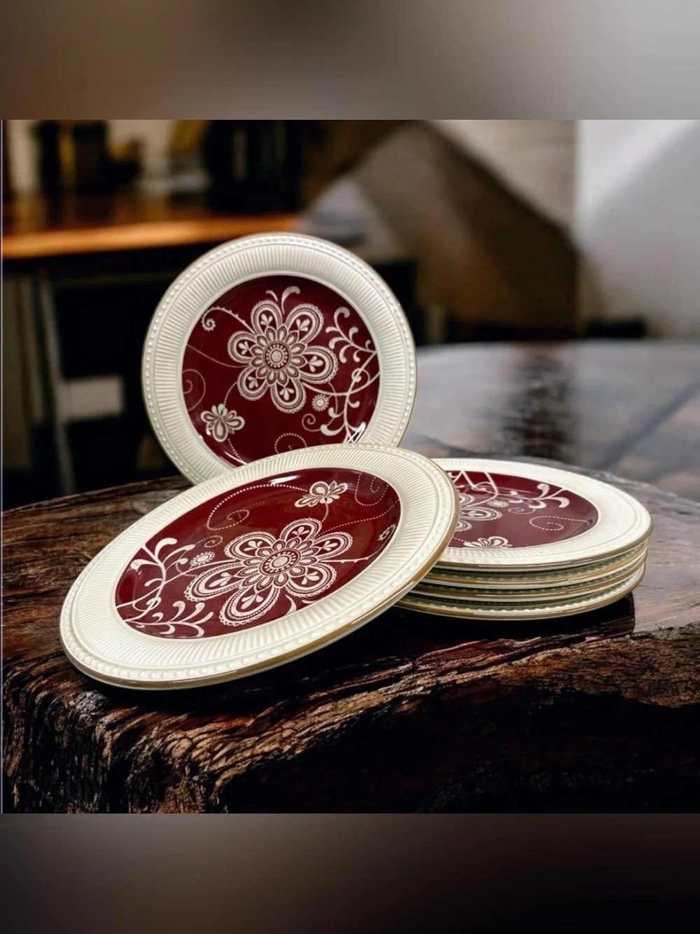 Pier 1 Imports Maribeth Set of 6 Dinner Plates 11” Red Floral Discontinued